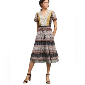 One September Midi Dress Short Sleeve V-Neck Tassel Waist Ruffle Skirt Size M